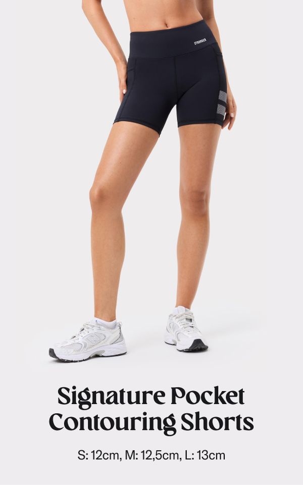 Model wearing black contoured shorts with side pockets and white sneakers. Text reads "Signature Pocket Contouring Shorts" with pocket sizes.