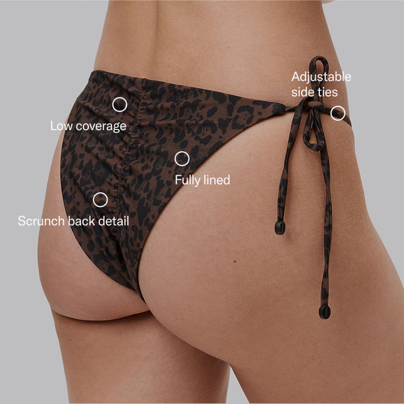 Back view of a leopard print bikini bottom with scrunch back detail, adjustable side ties, low coverage, and fully lined fabric.