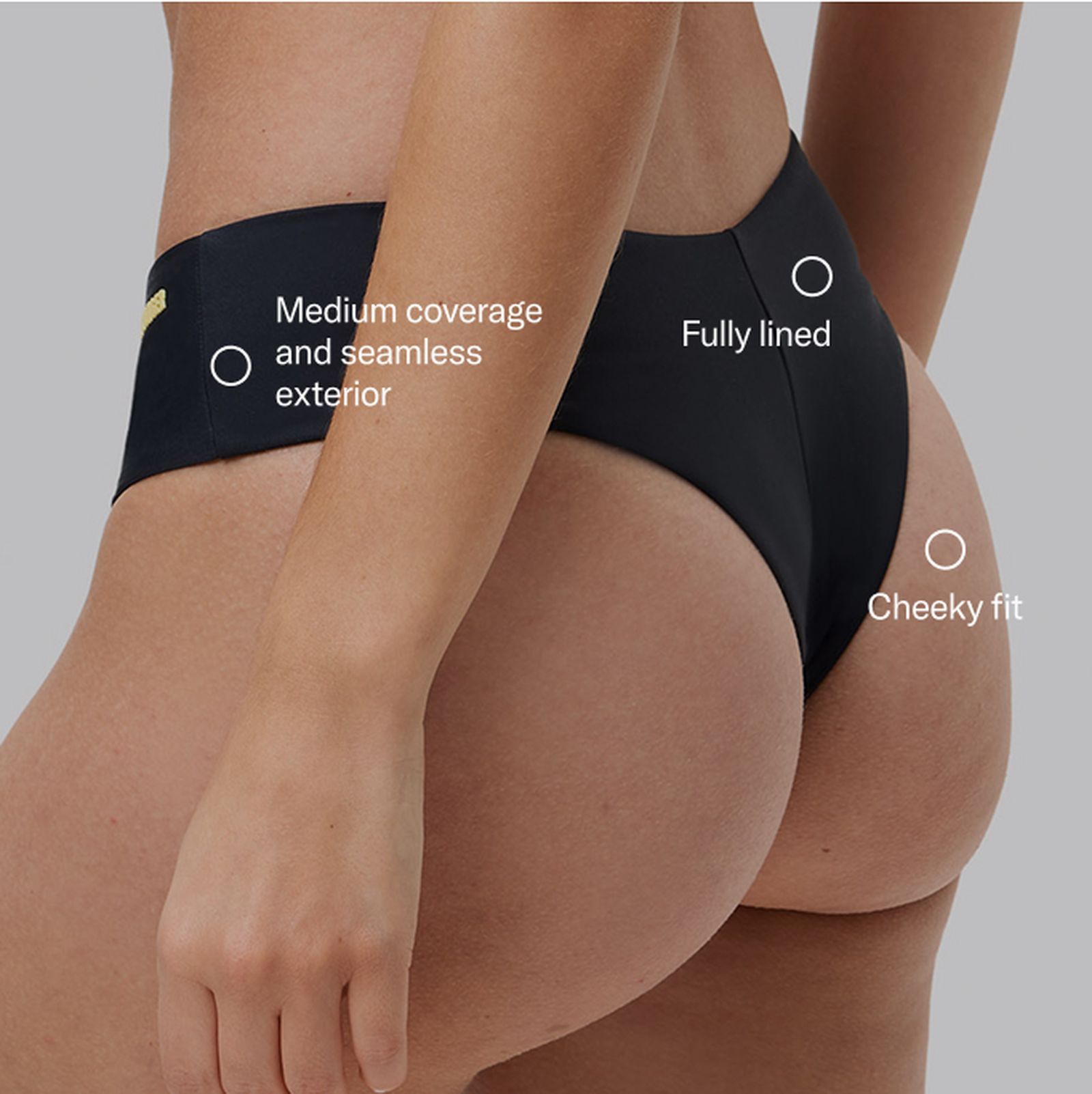 Back view of a person wearing black bikini bottoms, featuring medium coverage, seamless exterior, fully lined, and cheeky fit.