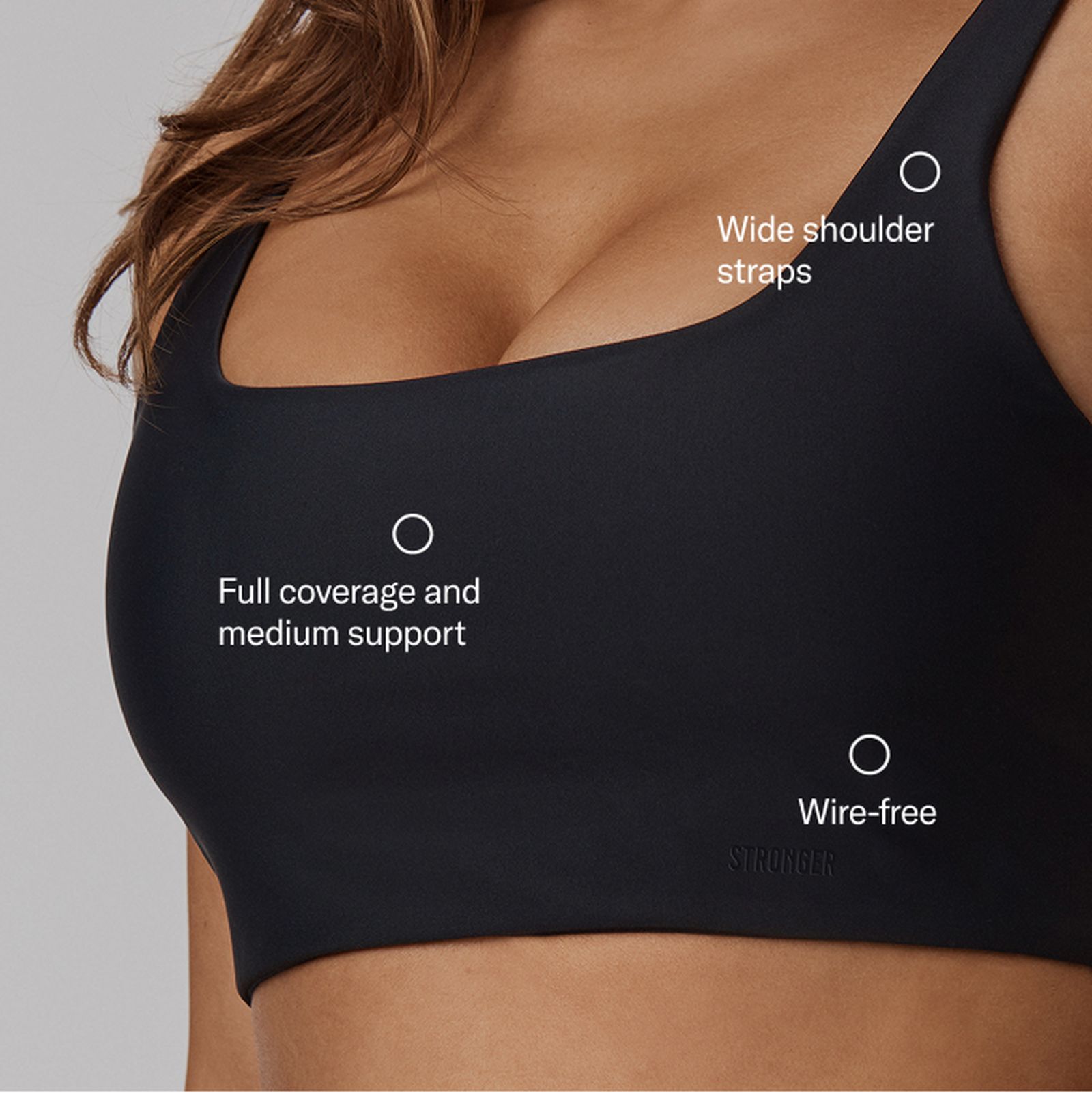 Close-up of a black sports bra with wide straps, full coverage, medium support, and wire-free design.