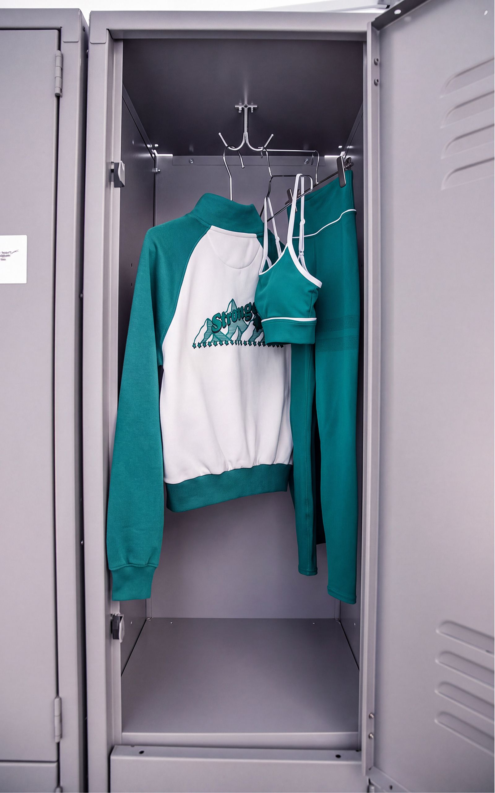 An open locker with teal and white athletic clothing, including a sweatshirt, sports bra, and leggings hanging on hooks inside.