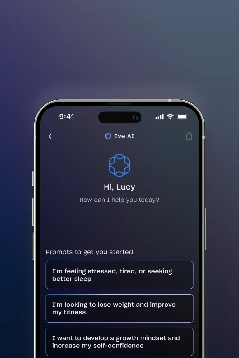 A phone showing a chat with EVE, the Mindvalley AI companion