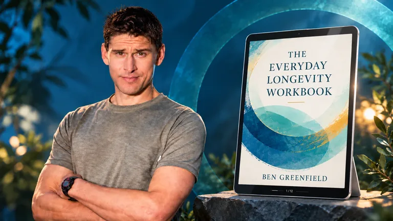 Ben Greenfield beside a tablet showing The Everyday Longevity Workbook