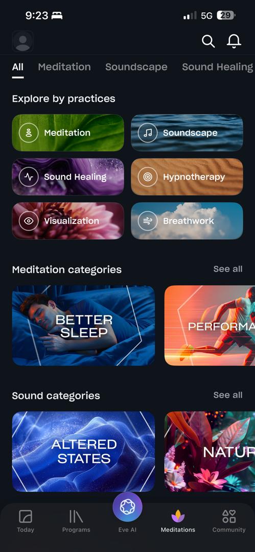 Mindvalley Meditations app. Explore by practices