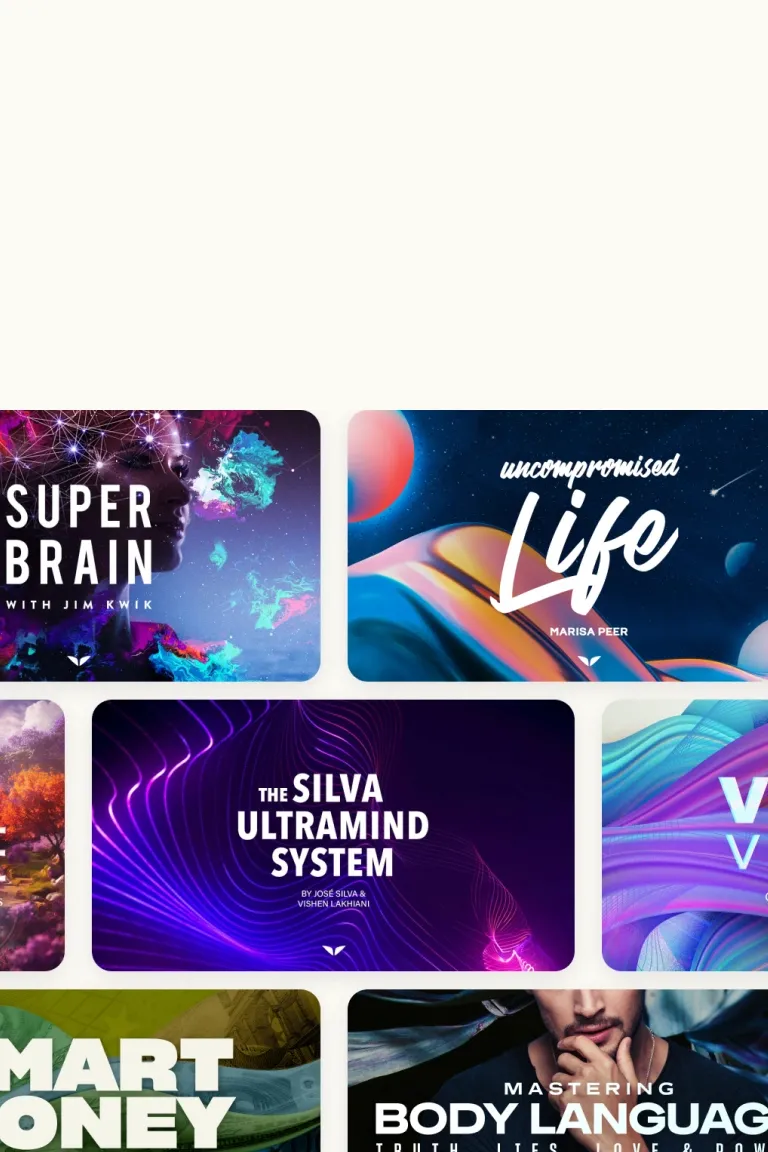 A grid of Mindvalley Quest covers including Superbrain, Uncompromised Life and The Silva Ultramind System