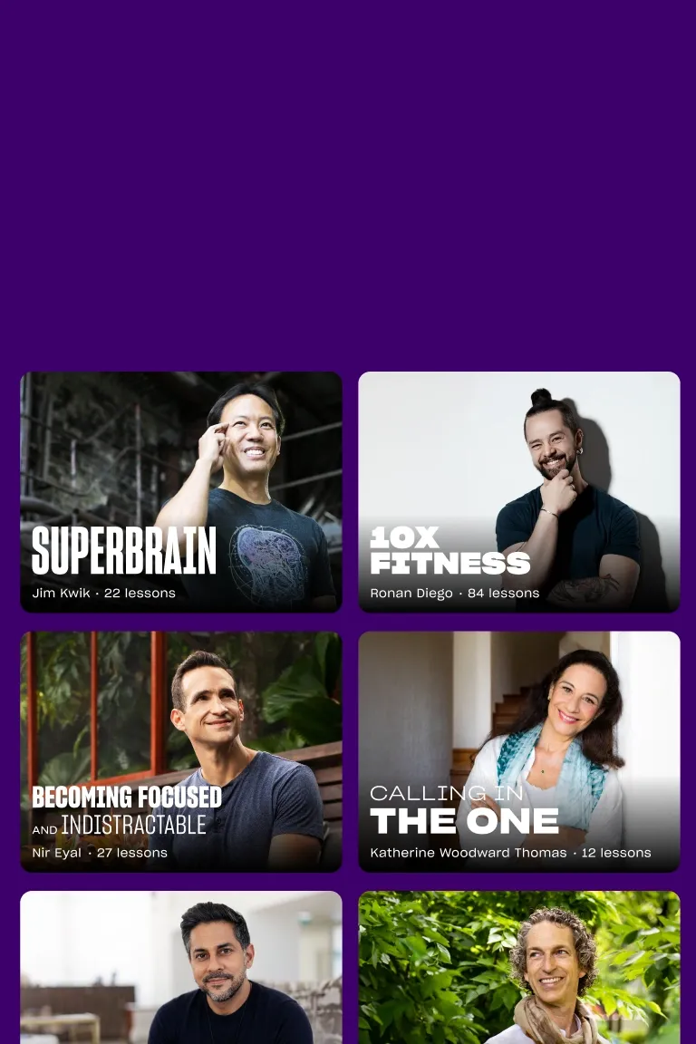 Program cards featuring Mindvalley trainers Jim Kwik, Ronan Diego, Nir Eyal and Katherine Woodward Thomas