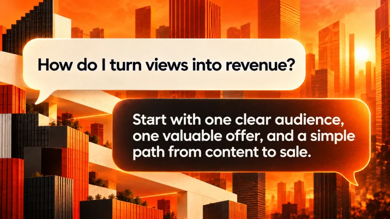 Chat bubbles: "How do I turn views into revenue?" answered with "Start with one clear audience, one valuable offer, and a simple path from content to sale."