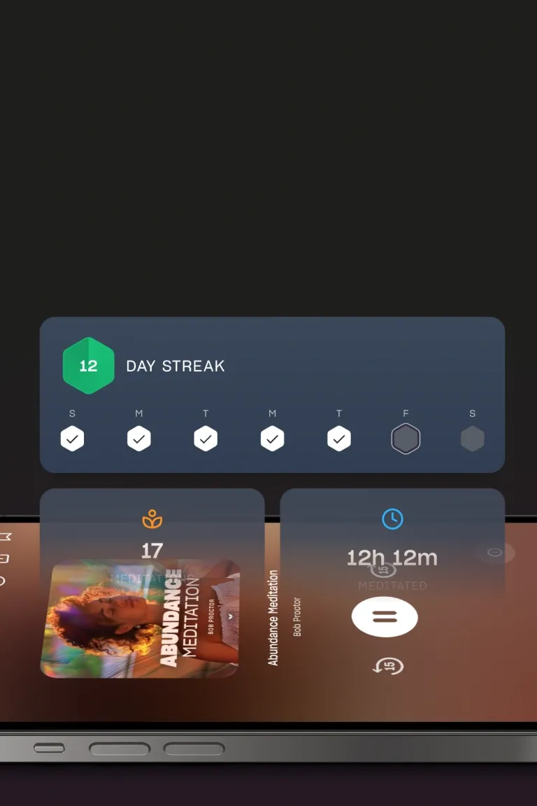 The Mindvalley app showing a 12 day streak and daily meditation progress