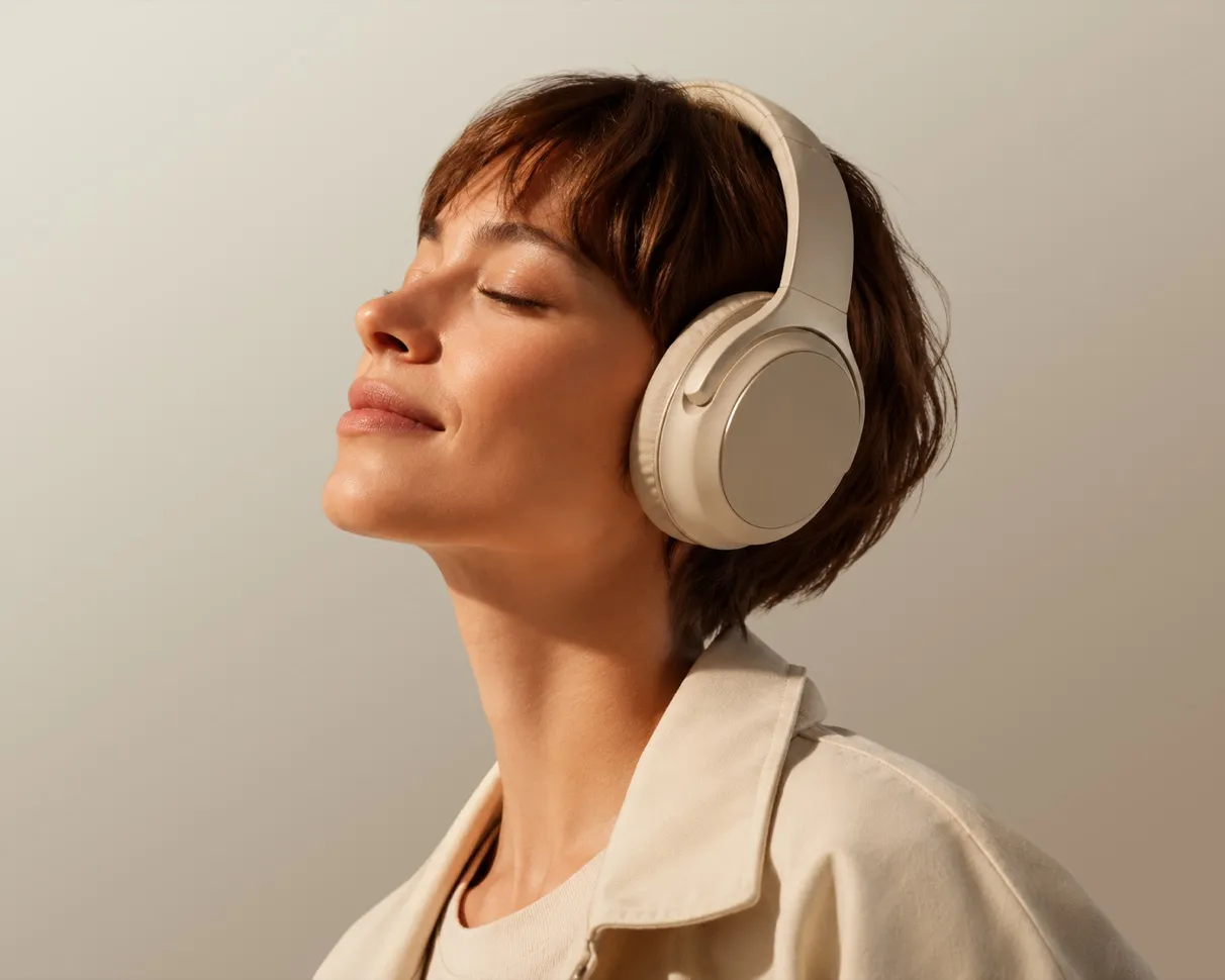 Woman wearing headphones with her eyes closed, listening calmly