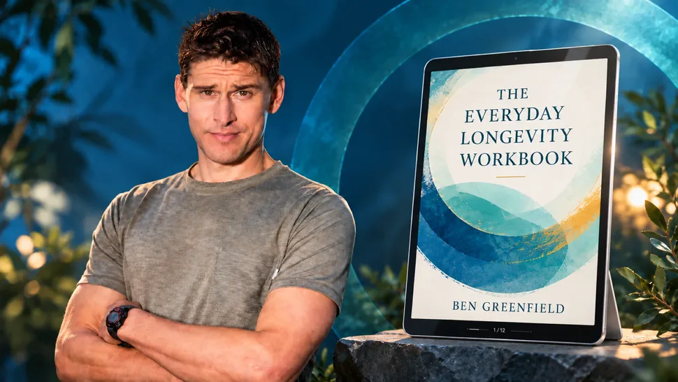 Ben Greenfield next to a tablet showing The Everyday Longevity Workbook