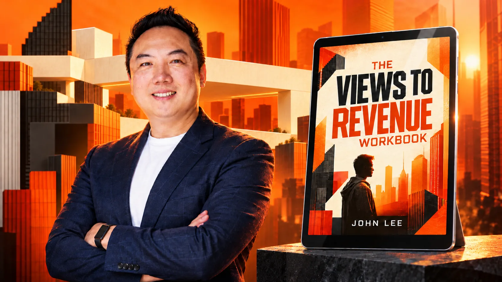 John Lee next to a tablet showing The Views to Revenue Workbook