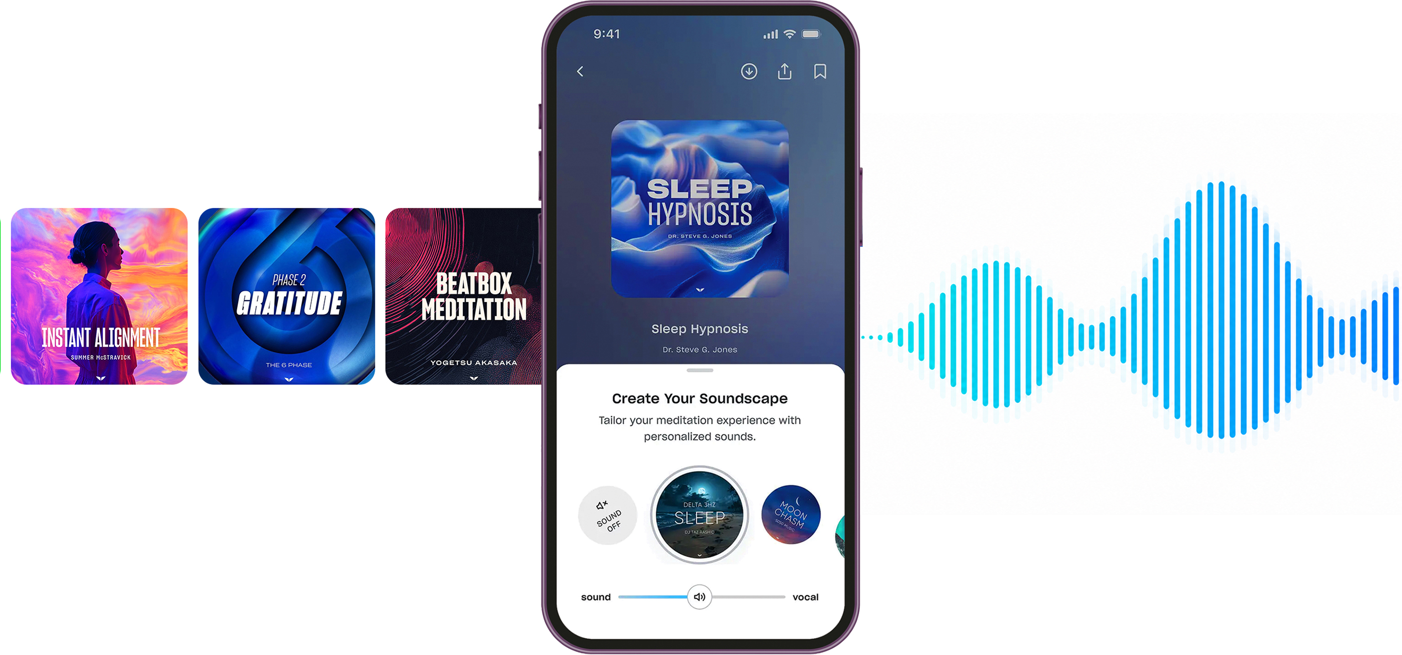 A fan of meditation cover cards, a phone showing the Mindvalley app choosing a session, and a blue sound-wave graphic