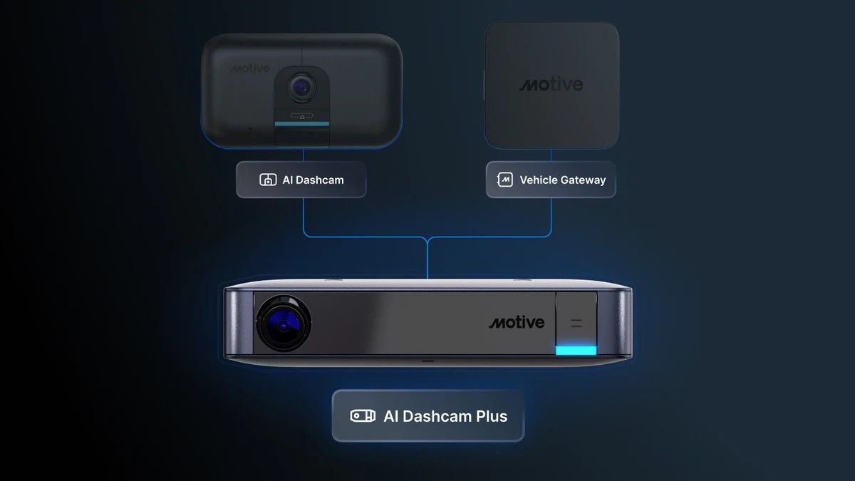 Motive fleet devices: AI Dashcam and Vehicle Gateway connecting to the AI Dashcam Plus on dark background.
