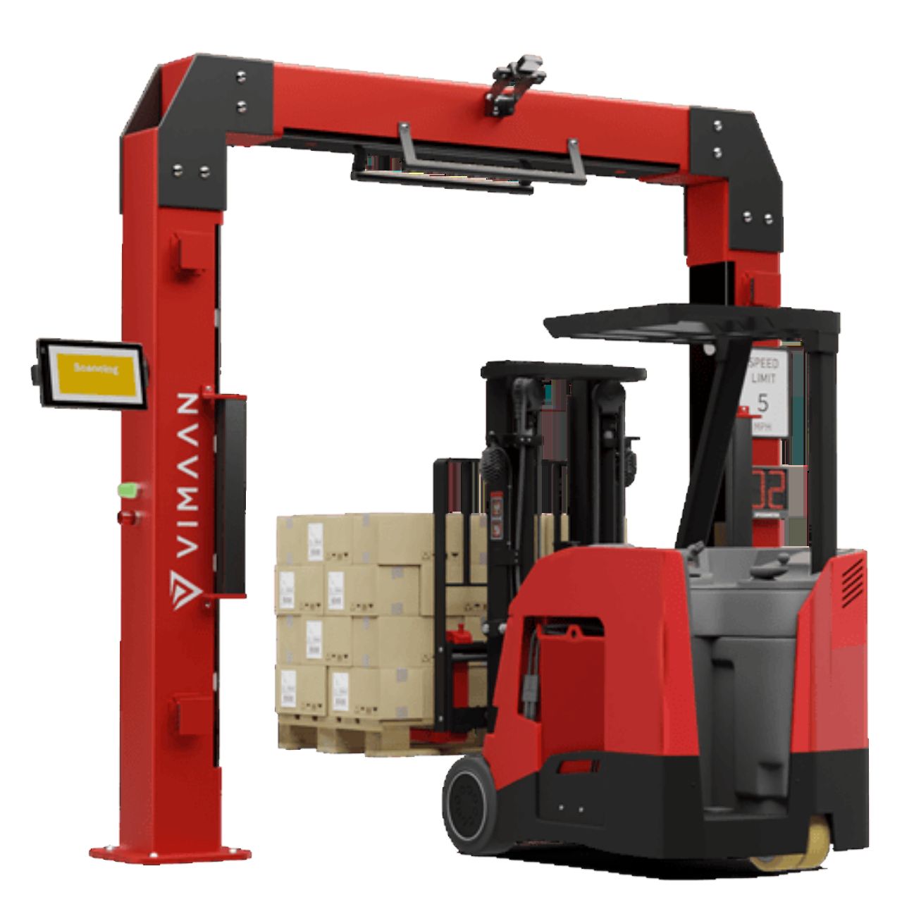 Red forklift carrying boxed pallet passing through a Vimaan overhead scanning portal system with display screen.