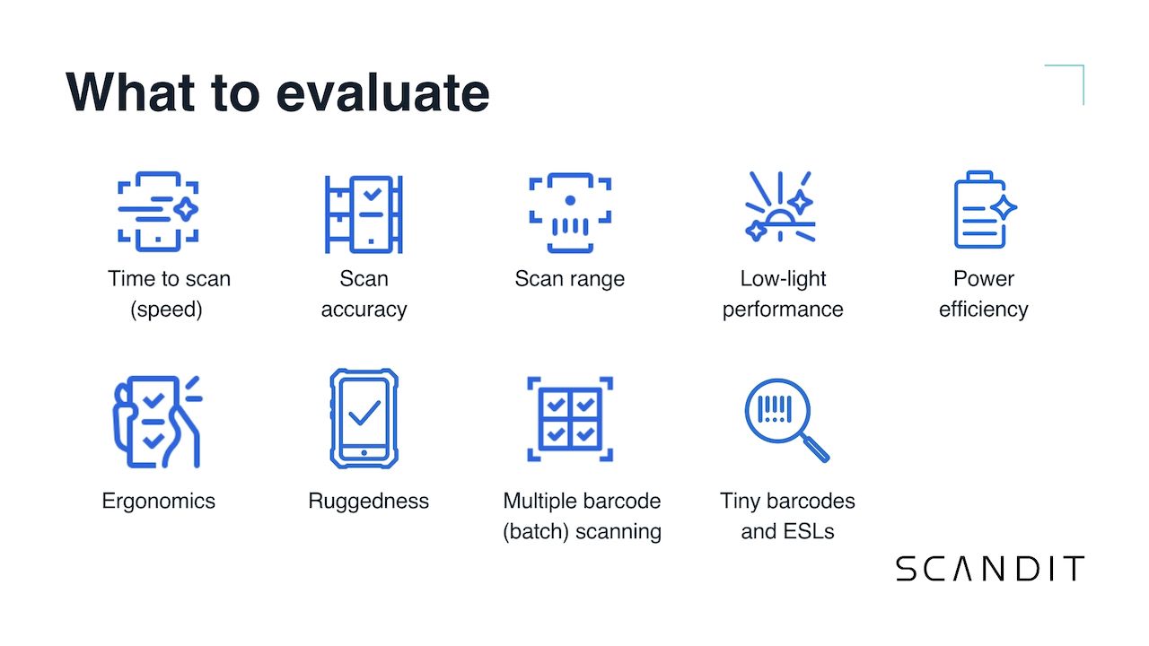 Infographic listing barcode scanning devices evaluation criteria