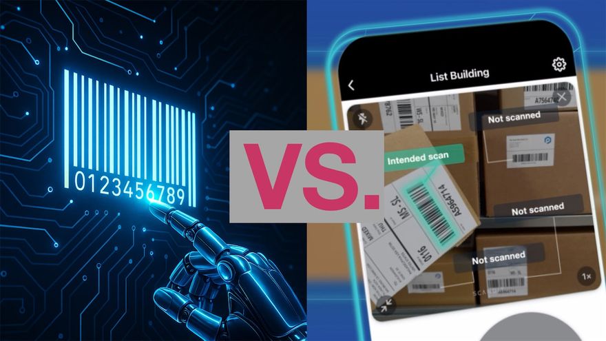 Digital barcode with robotic hand vs. smartphone scanning packages, highlighting technology contrast.