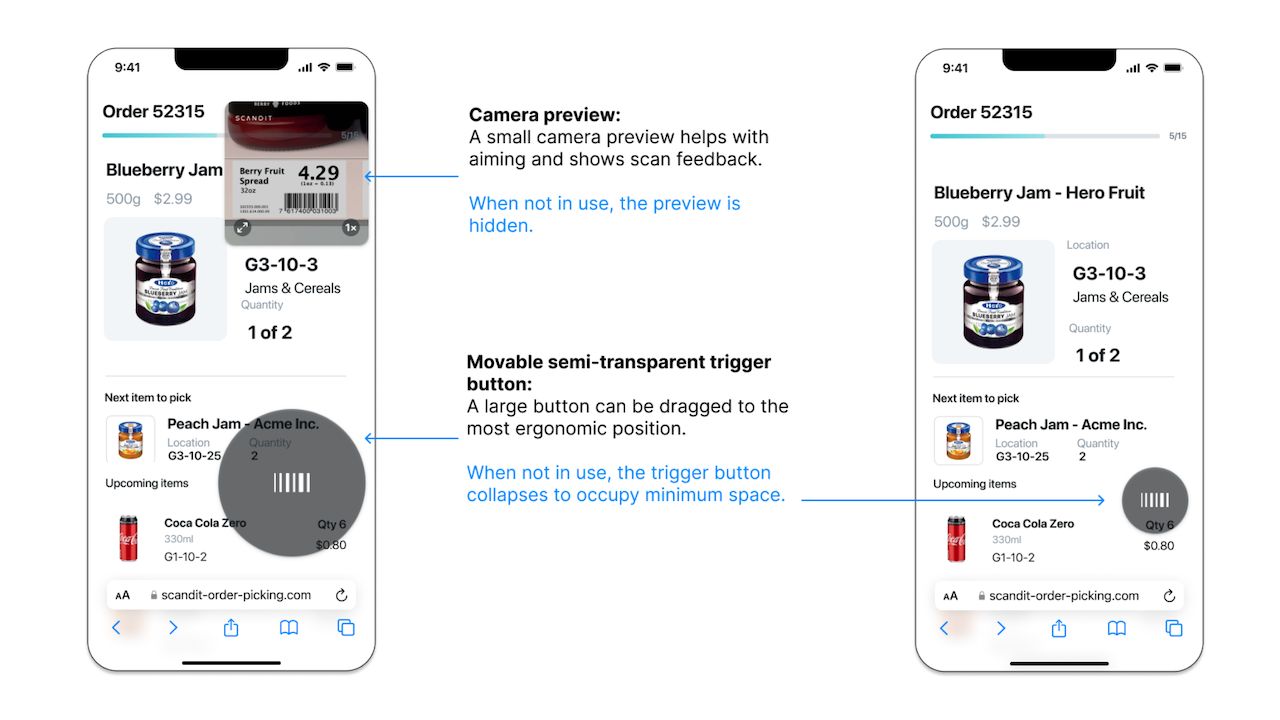 Illustration of Scandit SparkScan’s UI, showing camera preview and trigger button over an Android app