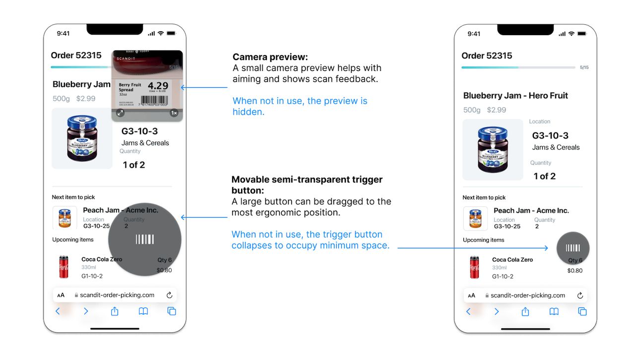 Illustration of Scandit SparkScan’s UI on a JavaScript app, showing camera preview and trigger button over existing app elements
