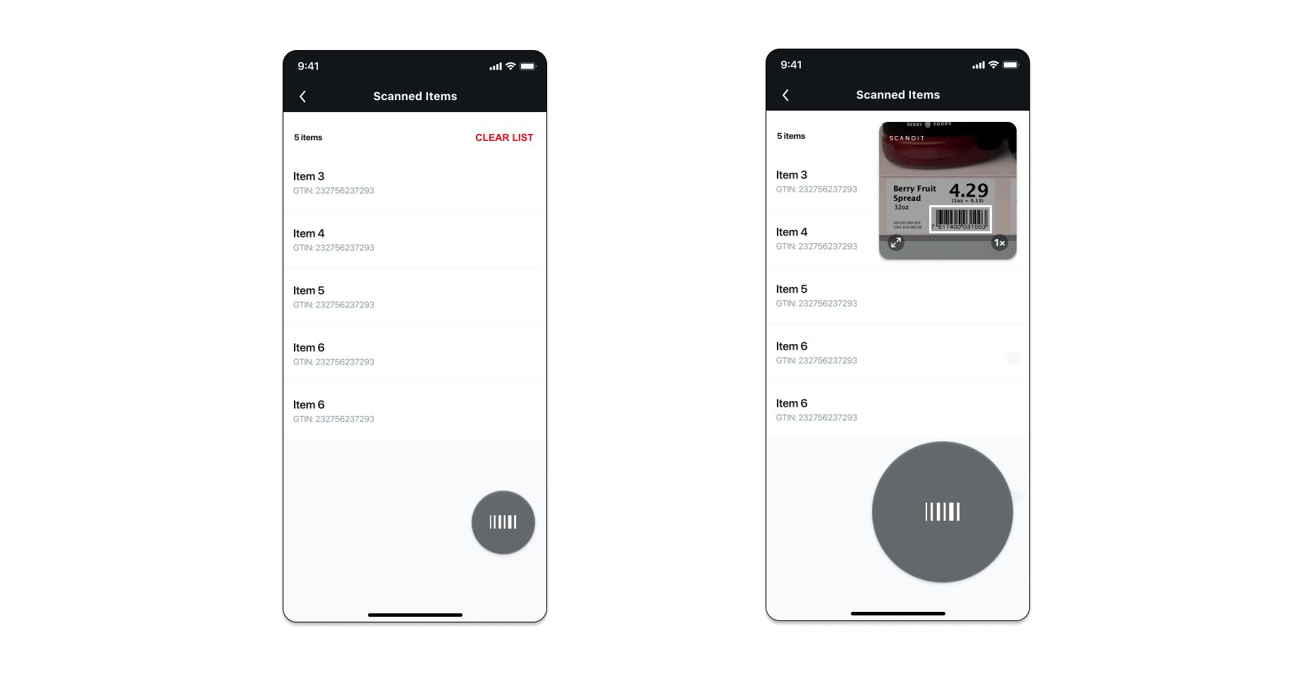 Two smartphone screens showing a barcode scanning app displaying scanned items list with a product price overlay for Berry Fruit Spread.