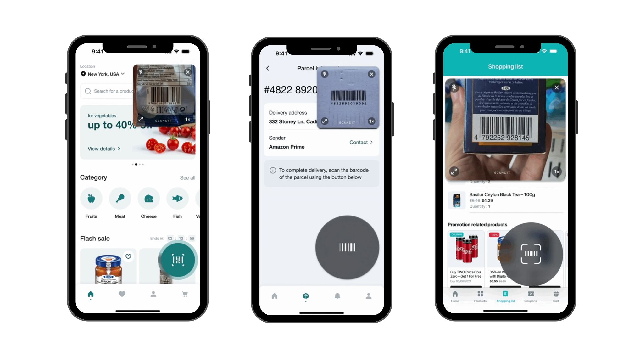Three customizations of the SparkScan user interface for .NET iOS, showing options for colors, positions, and sizes of different elements