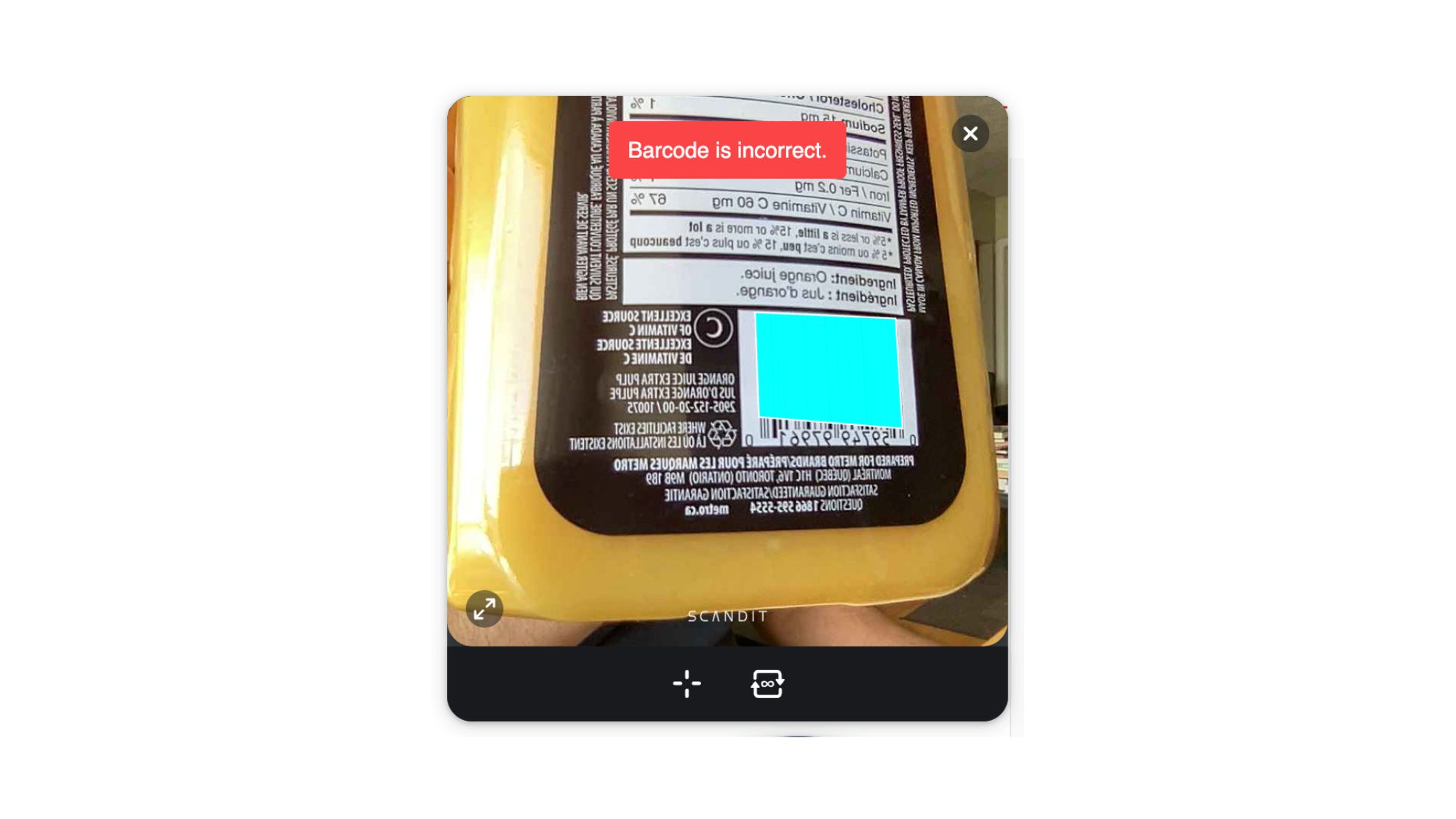 SparkScan-based app showing error feedback when scanning a barcode on an orange juice container
