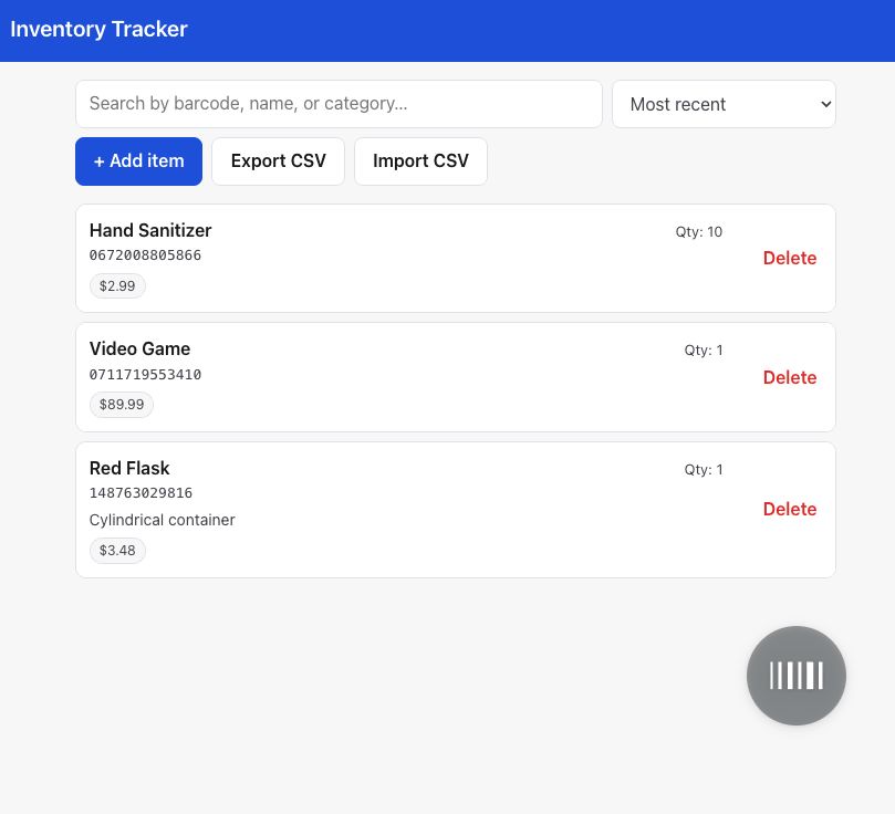Inventory Tracker app showing three items: Hand Sanitizer, Video Game, and Red Flask with barcodes, prices, and quantities.