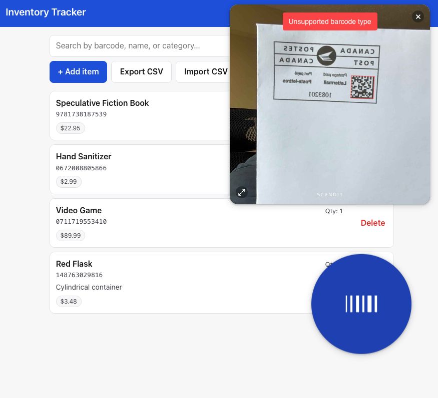 Inventory tracker app showing an "Unsupported barcode type" error while scanning a Canada Post label with a QR code.