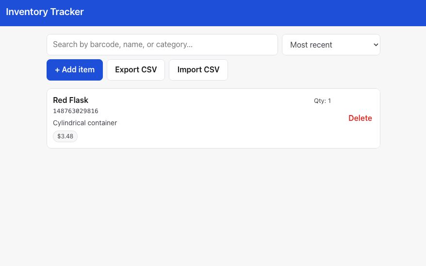 Inventory Tracker app showing a Red Flask item with barcode, quantity 1, price $3.48, and options to add, export, or import CSV.