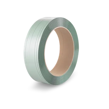 Coil of green plastic strapping band with cardboard core