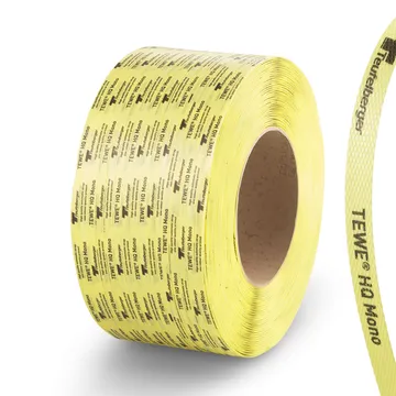 Yellow coil of TEWE HQ Mono strapping band with printed text
