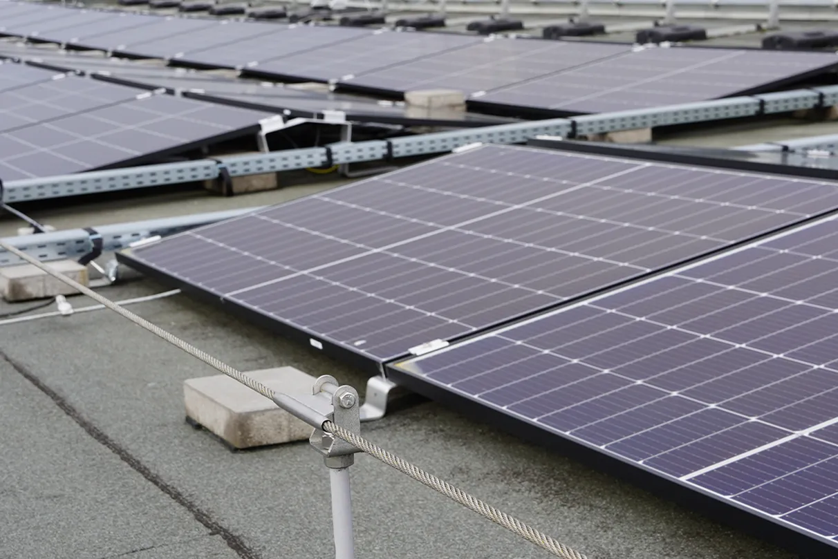 Rows of photovoltaic panels on a flat rooftop, mounted on metal frames with a visible safety railing in the background.
