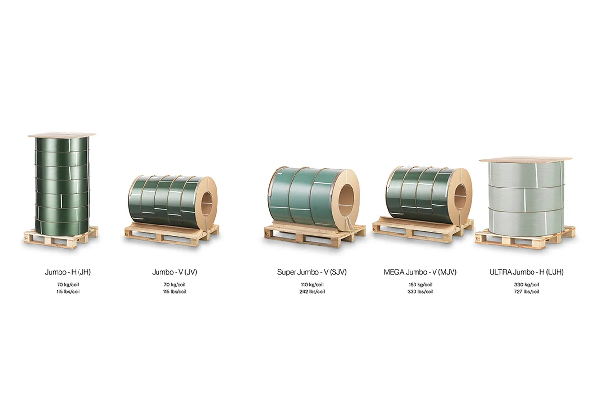 Five different sizes of green and silver metal coils on wooden pallets, labeled Jumbo-HJ, Jumbo-VJ, Super Jumbo-VS, MEGA Jumbo-VJM, ULTRA Jumbo-HJU.