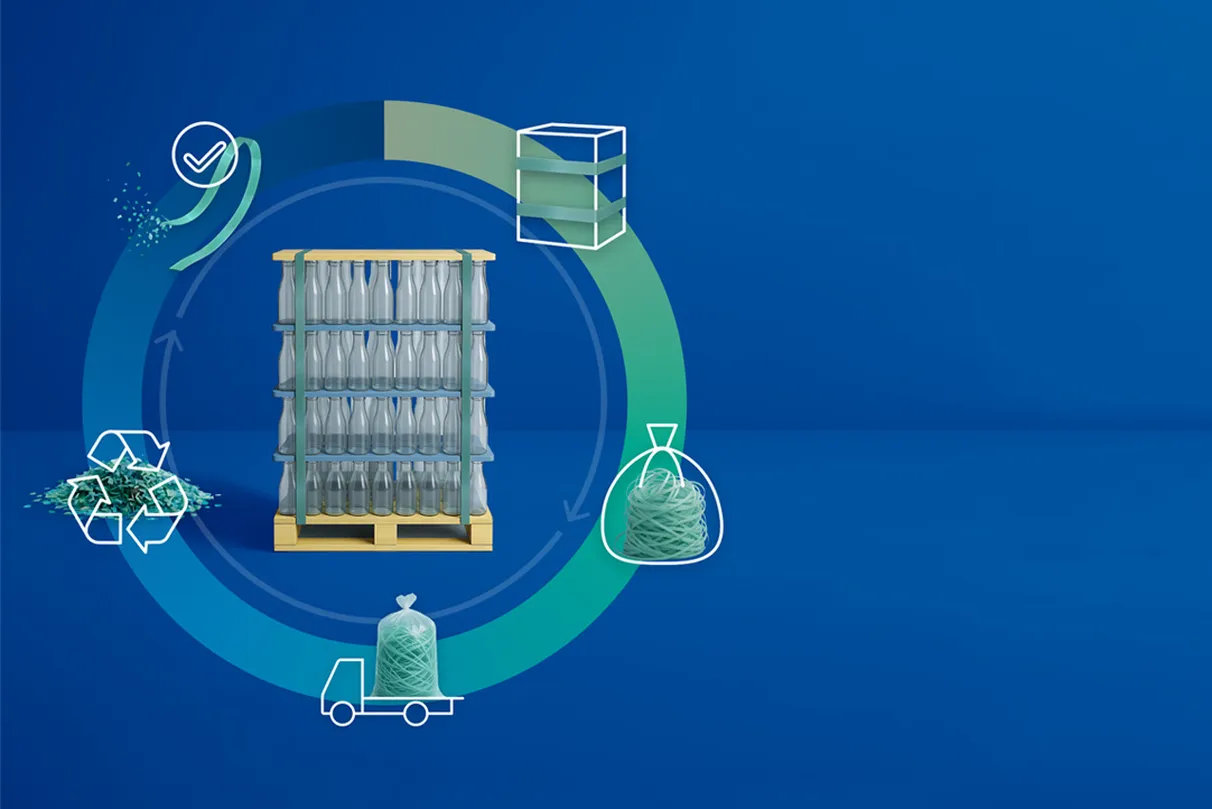 Illustration of a recycling process for plastic bottles, featuring a circular flow with icons of collection, processing, and reuse.