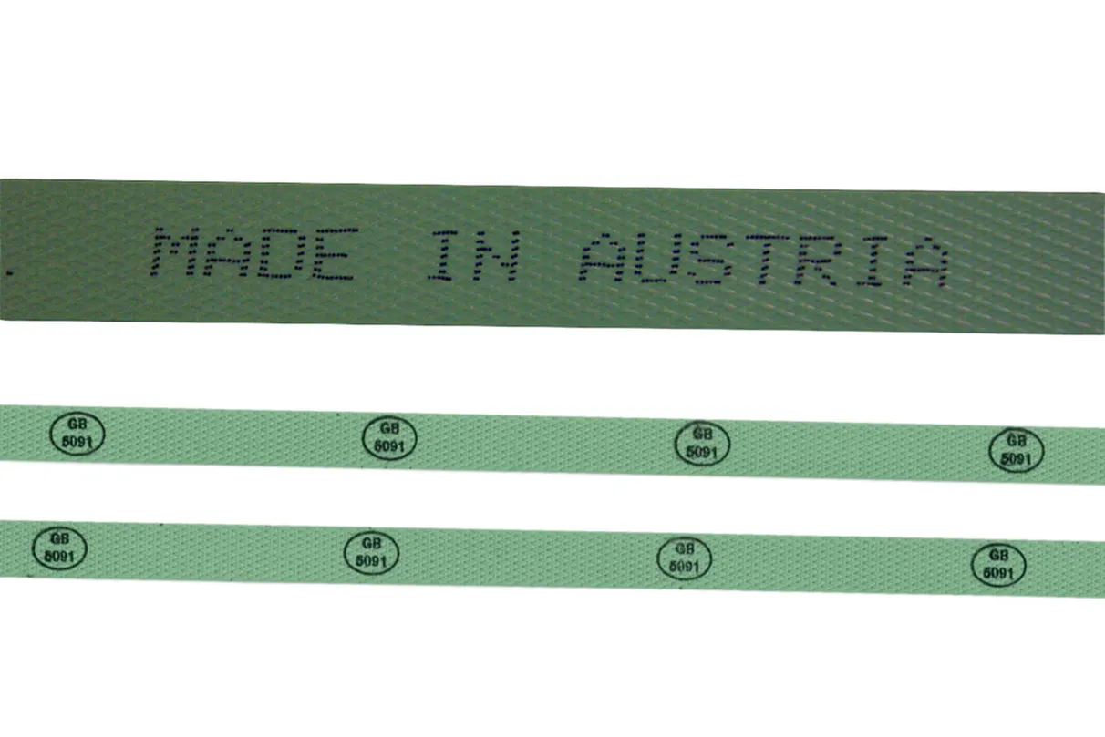 Green PET strapping printed with “Made in Austria” and GB 5091 marking for quality and origin
