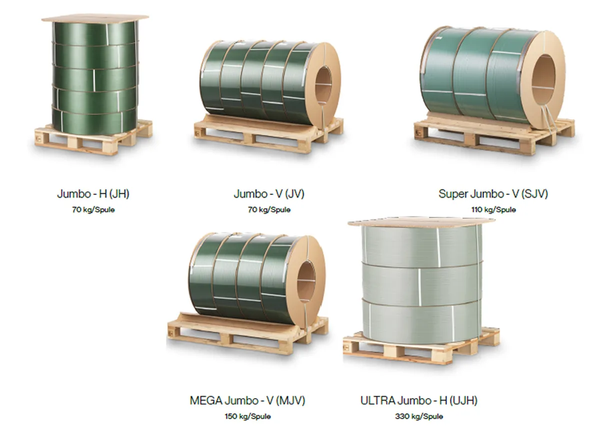 Five different spool types on wooden pallets: Jumbo-H, Jumbo-V, Super Jumbo-V, MEGA Jumbo-V, and ULTRA Jumbo-H with weight specifications ranging from 70 kg to 330 kg per spool.