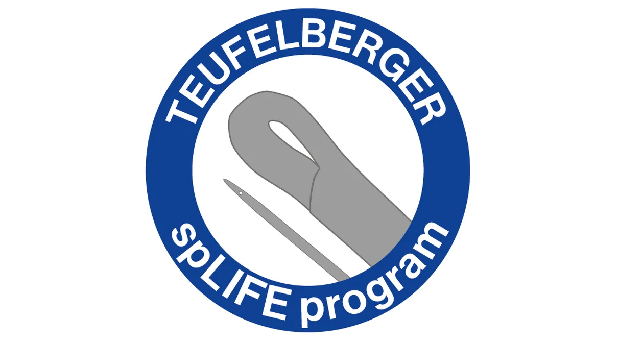 a blue framed circle with white text saying "Teufelberger spLIFE program"; whithin the blue circle is a white background and a grey drawing of a rope with a spliced end termination and a needle.