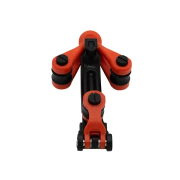 Orange and black mechanical component with multiple joints and knobs, viewed from above, showcasing its intricate design.