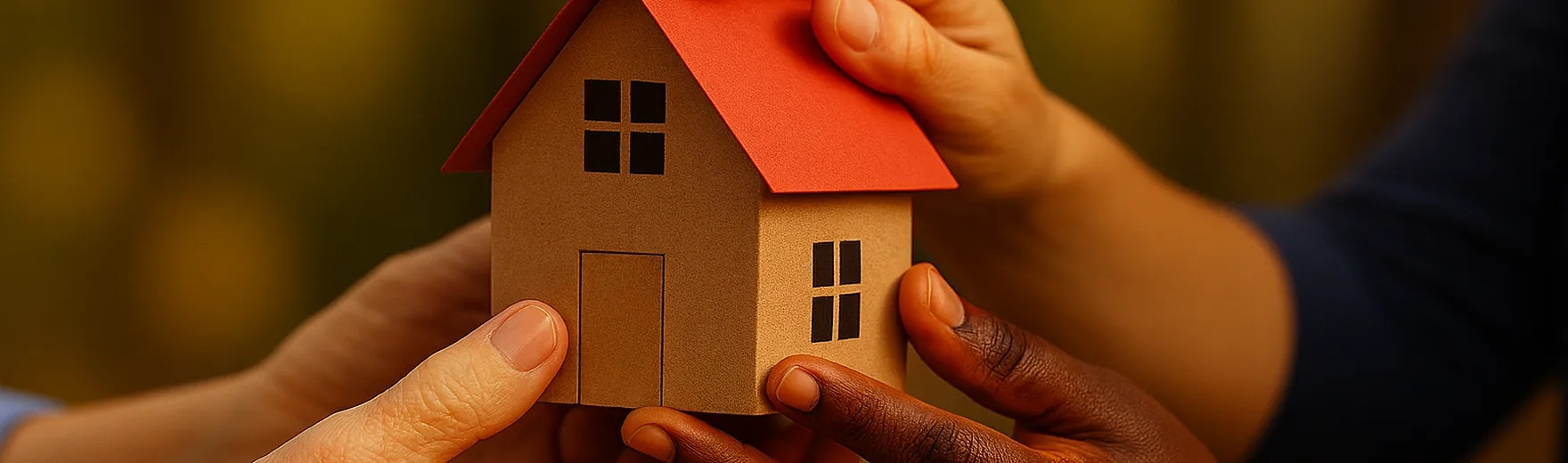 Multiple hands of different skin tones holding a small model house with a red roof – symbolizing diversity, cooperation, and shared commitment.