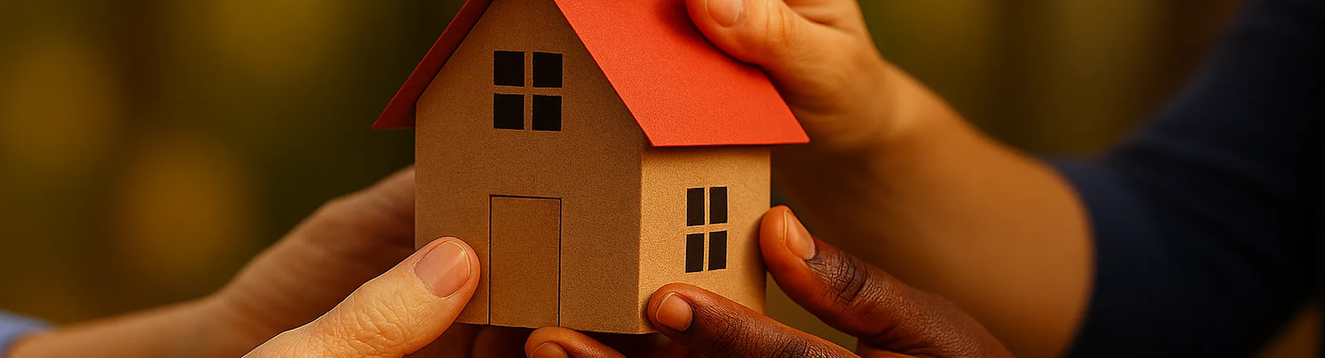 Multiple hands of different skin tones holding a small model house with a red roof – symbolizing diversity, cooperation, and shared commitment.