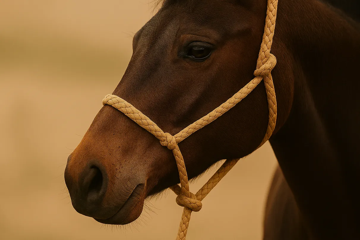 Close-up of a horse wearing a halter made from a beige braided lariat rope, showcasing the texture and secure fit of the rope in use.