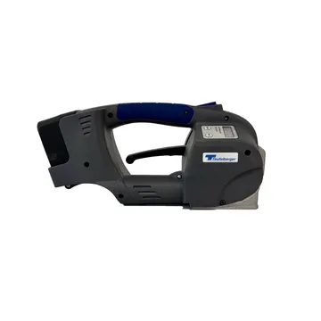 Teufelberger handheld strapping tool with digital display and blue control elements for safe packaging of goods.