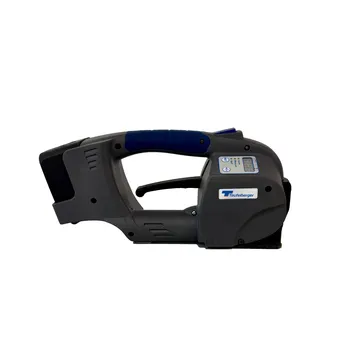 Teufelberger handheld strapping tool with digital display and blue control elements for safe packaging of goods.