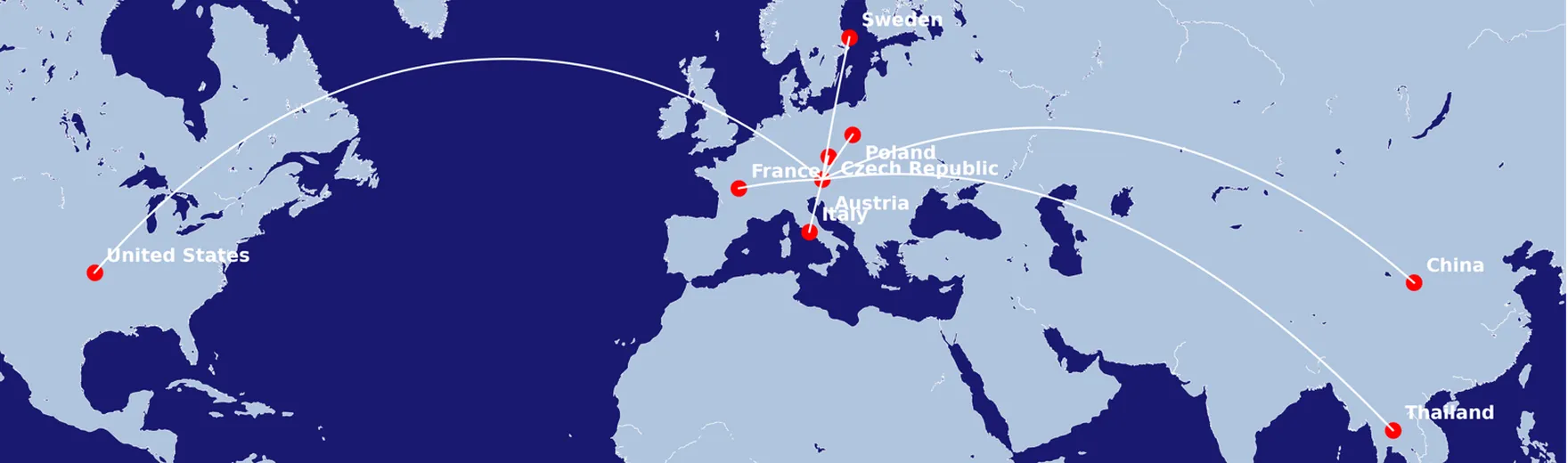 World map with lines connecting the United States, Sweden, France, Austria, Czech Republic, Poland, China, and Thailand.