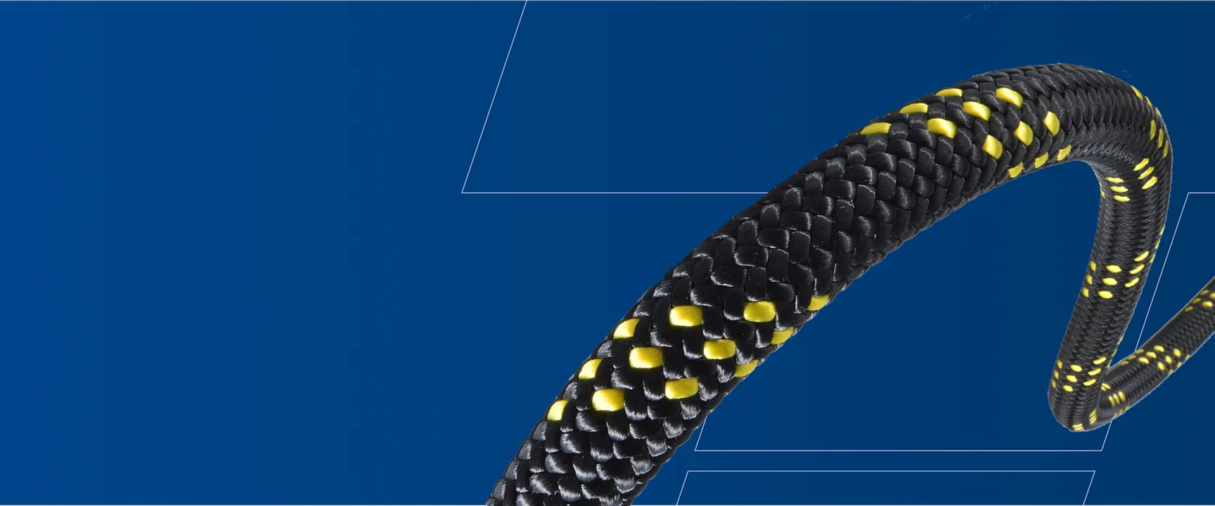 blue gradient background with a fineline white T in Teufelberger CD and a KM III rope in front of it