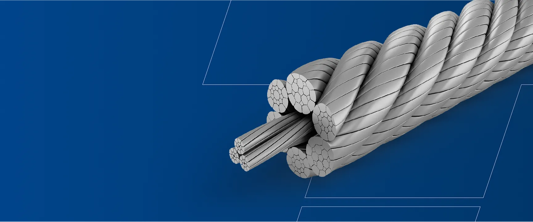 Close-up of the Perfection F30 – Woodrunner steel wire rope with a cross-sectional cut, showing multiple twisted strands made of smaller bundled wires against a blue background with geometric lines.