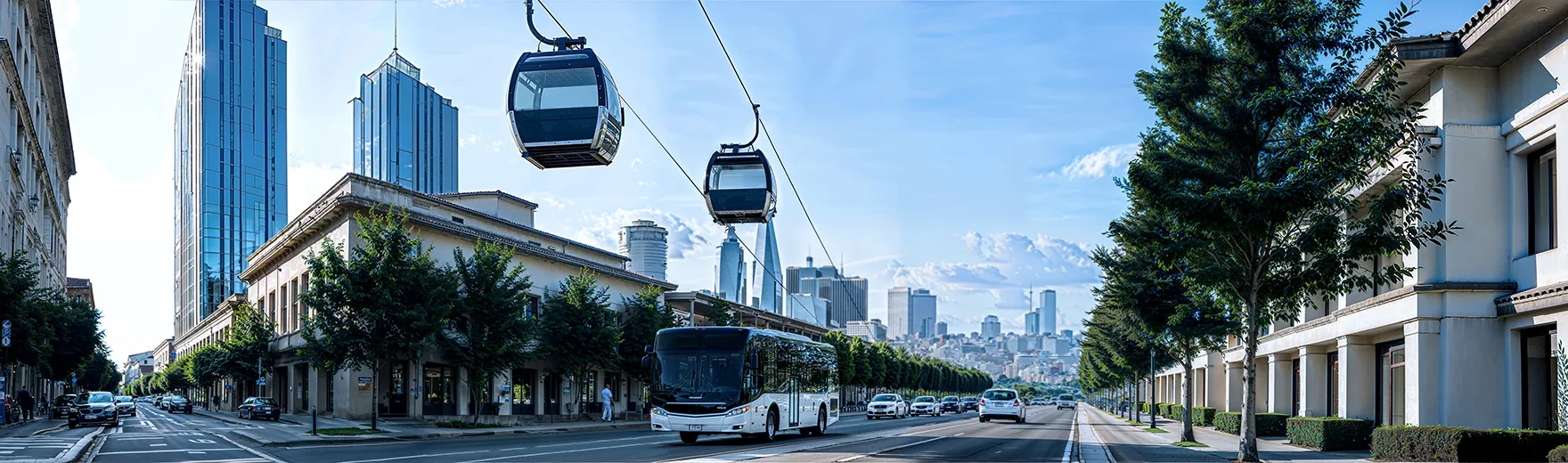 Cityscape with cable cars, modern skyscrapers, and a bus on a tree-lined street under a clear blue sky.