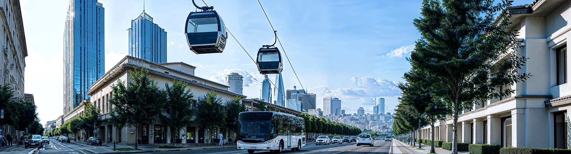 Cityscape with cable cars, modern skyscrapers, and a bus on a tree-lined street under a clear blue sky.