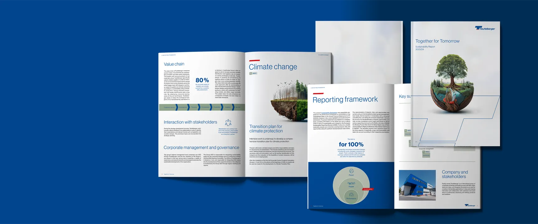 Open brochures on a blue background, featuring topics like climate change, value chain, and reporting framework, with images of nature and graphs.
