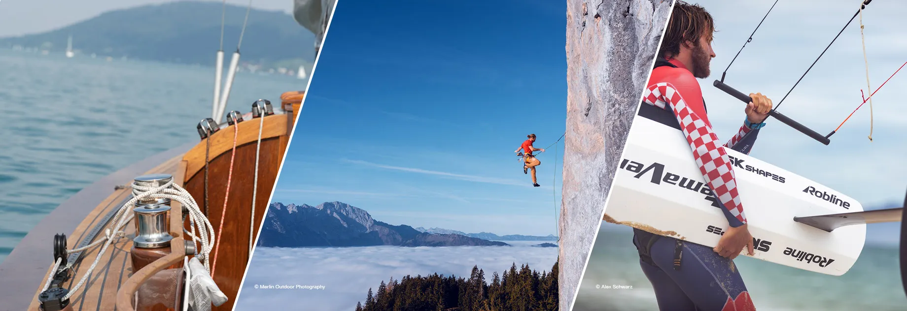 A boat deck with ropes, a climber scaling a cliff, and a person carrying a windsurfing board by the sea.