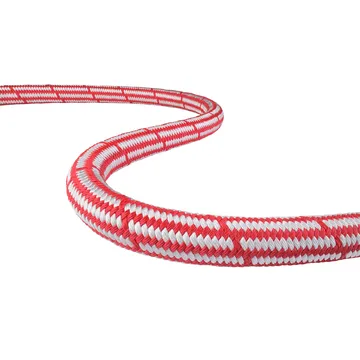 Red and white braided fiber rope, showcasing its durable and flexible design for various safety and quality applications.